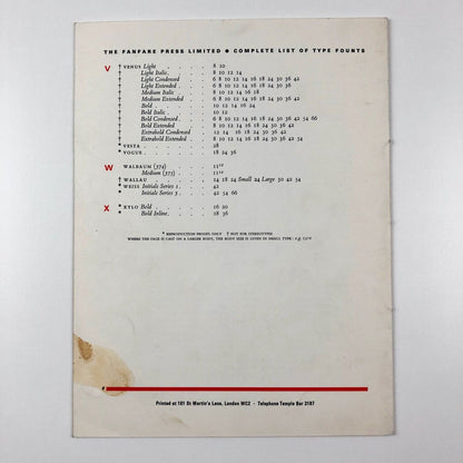 Type founts and sizes held at The Fanfare Press | Type specimen leaflet