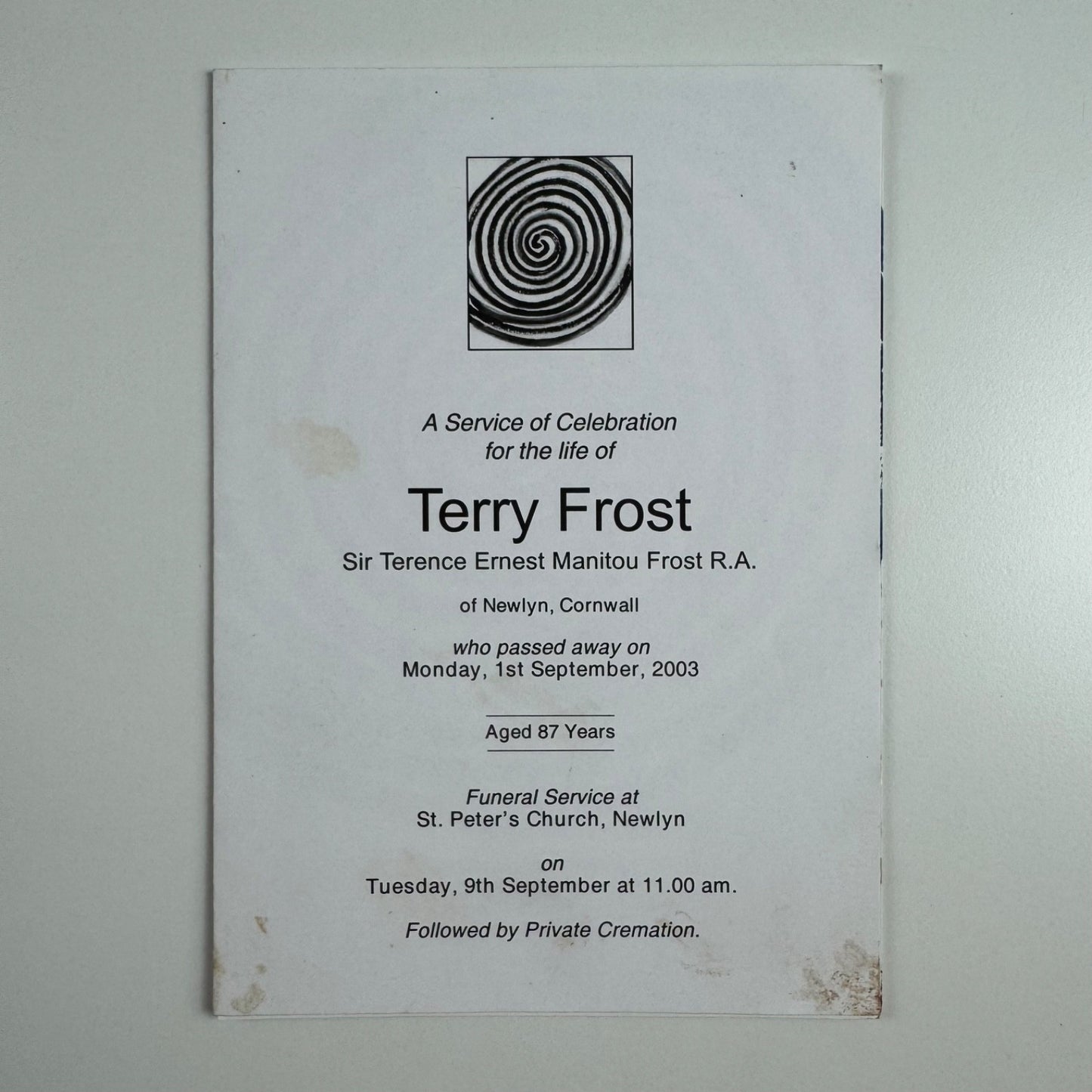 Service of Celebration leaflet for the life of Terry Frost St Peter’s Church Newlyn 2003