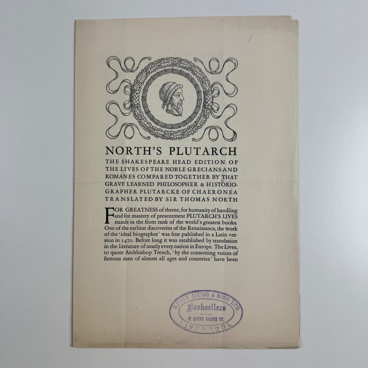 Specimen page for North’s Plutarch | Shakespeare Head Press | Stamp for Henry Young &amp; Songs Ltd booksellers Liverpool