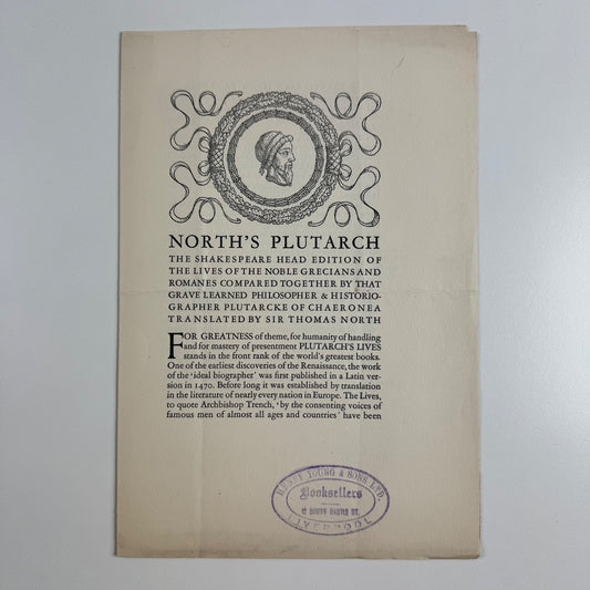 Specimen page for North’s Plutarch | Shakespeare Head Press | Stamp for Henry Young &amp; Songs Ltd booksellers Liverpool