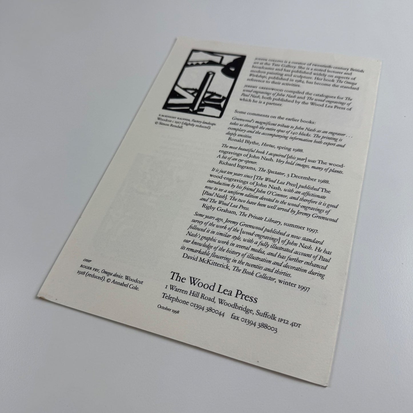 Promotional leaflet for Omega Cuts by Jeremy Greenwood | The Wood Lea Press, 1988