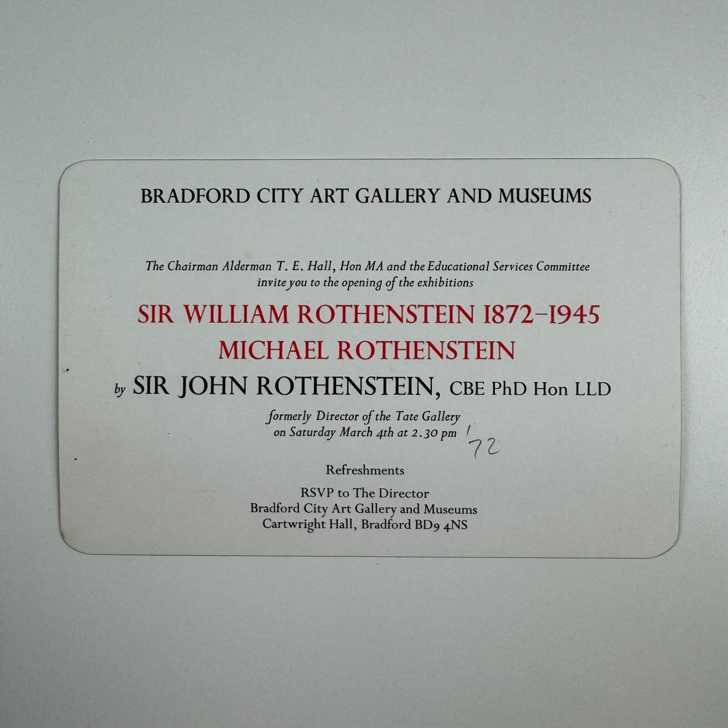 Private view invitation for Sir William Rothenstein 1872-1945 Michael Rothenstein Tate Gallery Bradford City Art Gallery opening held on 4 March 1972