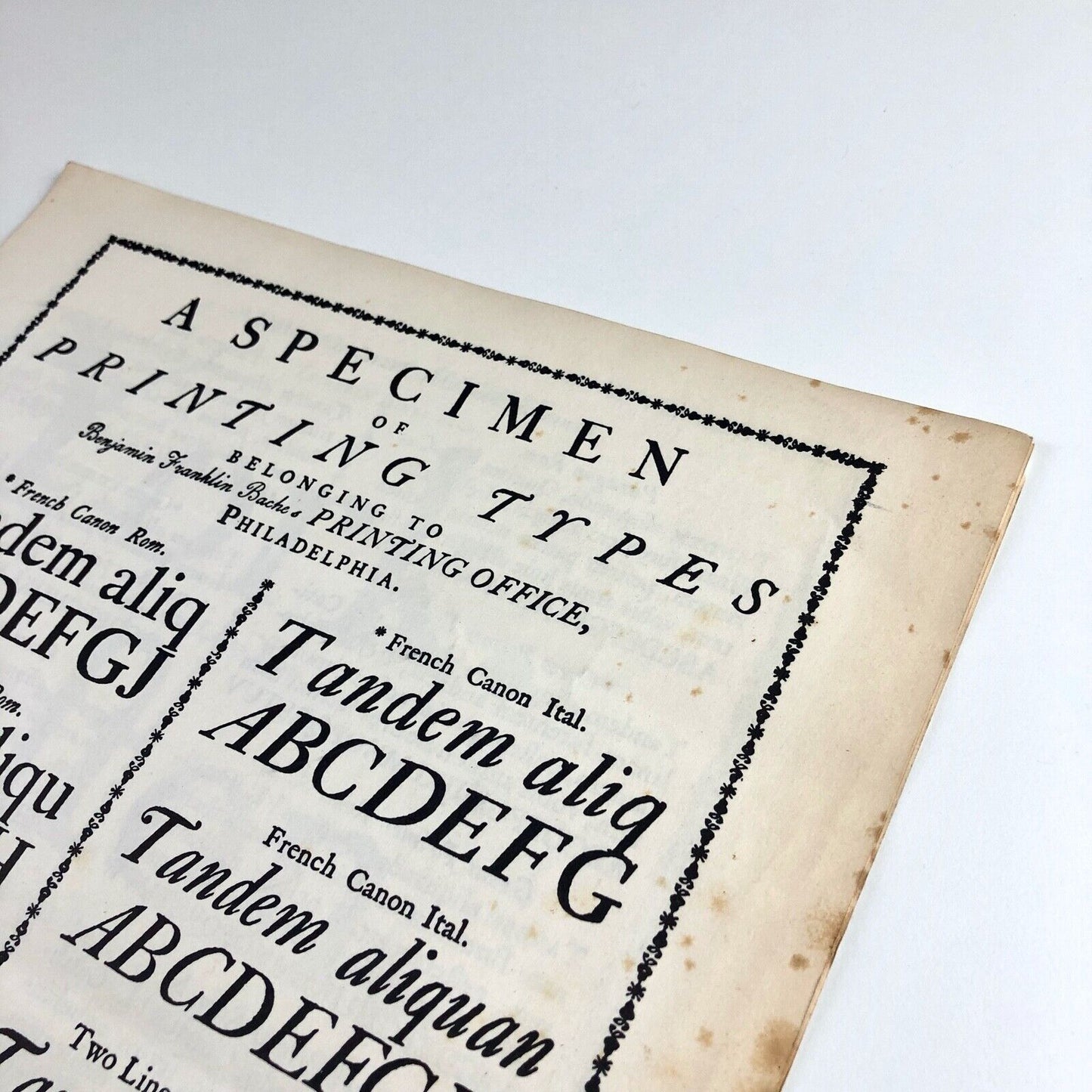 Keepsake presented to the Friends of The Composing Room, Inc.  A Specimen of Printing Types Benjamin Franklin Bache's Printing Office