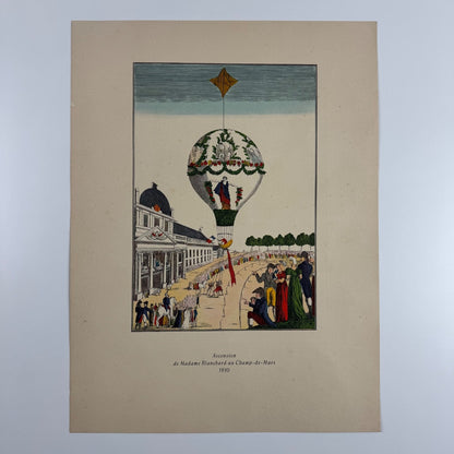 Coloured print hot air balloon, Madame Blanchard’s ascension Aerial Press 1956