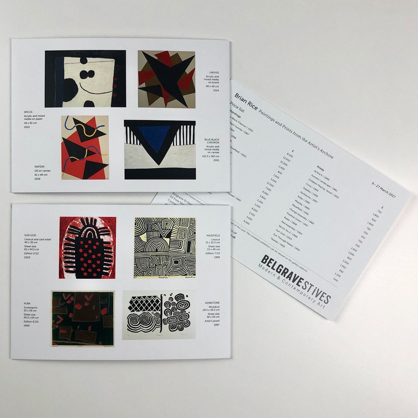 Brian Rice – 2017 Prints / Paintings from the Artist's Archive | Two folded cards with price list, Belgrave Gallery, 2017