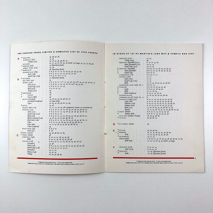 Type founts and sizes held at The Fanfare Press | Type specimen leaflet