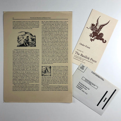 Prospectus for Daniel Defoe, Robinson Crusoe | Basilisk Press| illustrations by Edward Gordon Craig