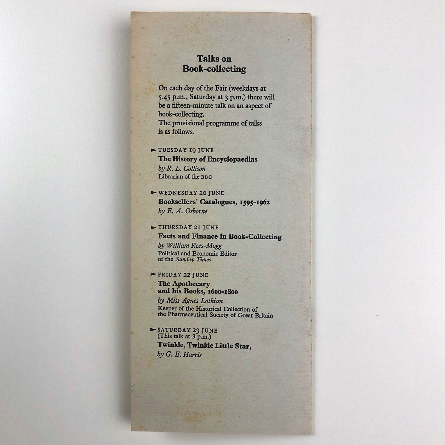 The Fifth Antiquarian Book Fair held at The National Book League 19-23 June 1962 | Handlist of Exhibitors