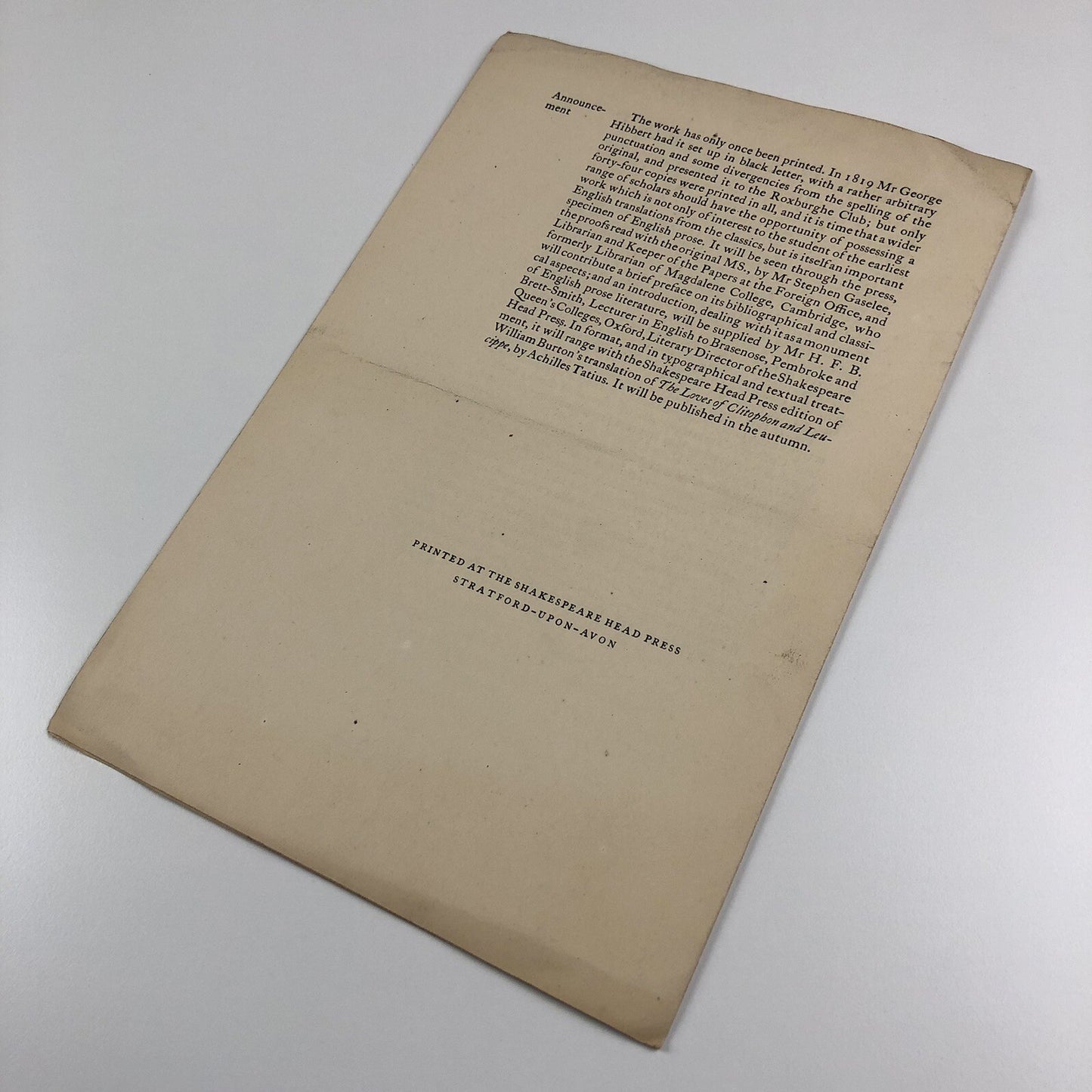 Prospectus – Ovyde Hys Booke of Methamorphose | William Caxton | Basil Blackwell 1923