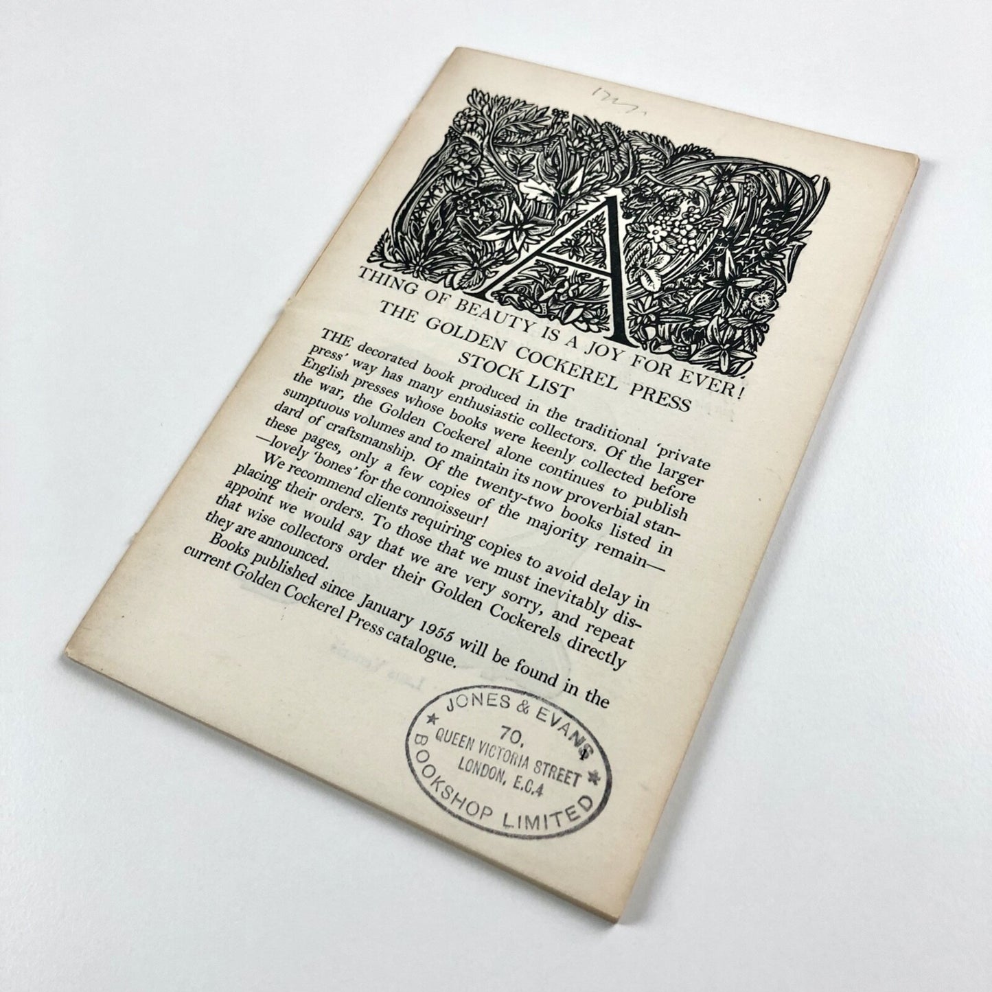 A Thing of Beauty is a Joy Forever Golden Cockerel Press stock list c.1955