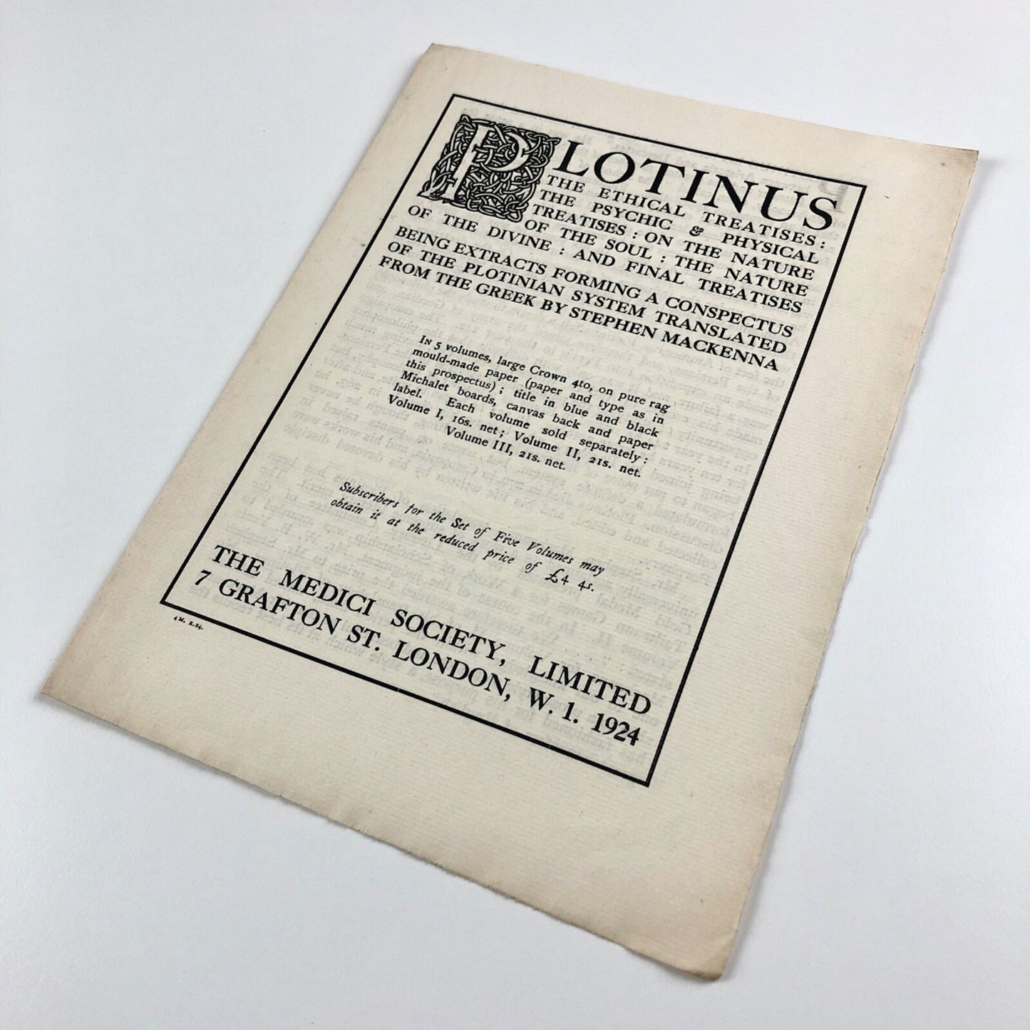 Prospectus for Plotinus trans Stephen Mackenna Medici Society 1924
