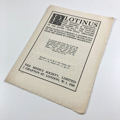 Prospectus for Plotinus trans Stephen Mackenna Medici Society 1924