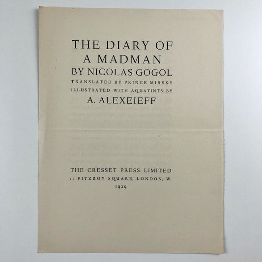 Prospectus for The Diary of a Madman by Nicolas Gogol with aquaitints by A. Alexeieff | The Cresset Press 1929