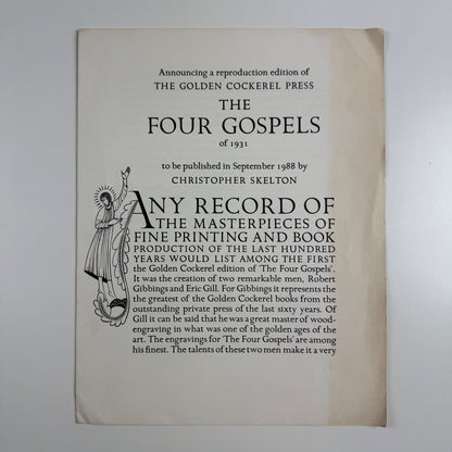 Order form for The Four Gospels The September Press Christopher Skelton, 1988 reproduction of The Golden Cockerel Press