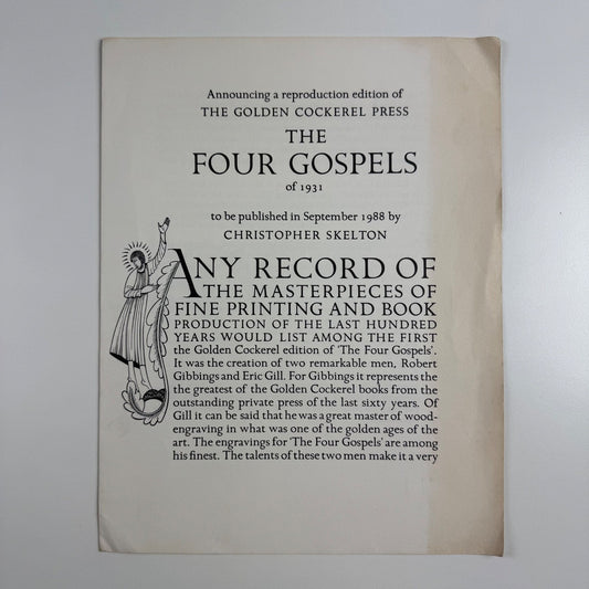 Order form for The Four Gospels The September Press Christopher Skelton, 1988 reproduction of The Golden Cockerel Press