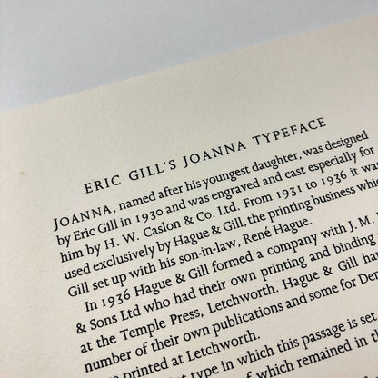 Eric Gill's Joanna Typeface | Letterpress ephemera sheet | Skelton's Press, 1981
