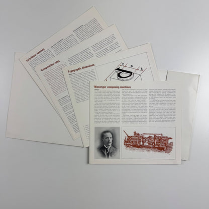 'Monotype' type study leaflets for students: Composition rules, Spacing, 'Monotype' composing machines folder + four leaflets