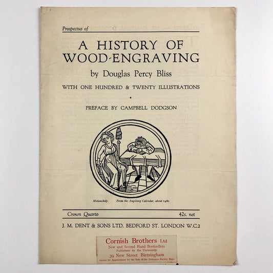 Prospectus for A History of Wood-Engraving by Douglas Percy Bliss | J.M. Dent & Sons Ltd, c .1928? | Cornish Brothers booksellers stamp