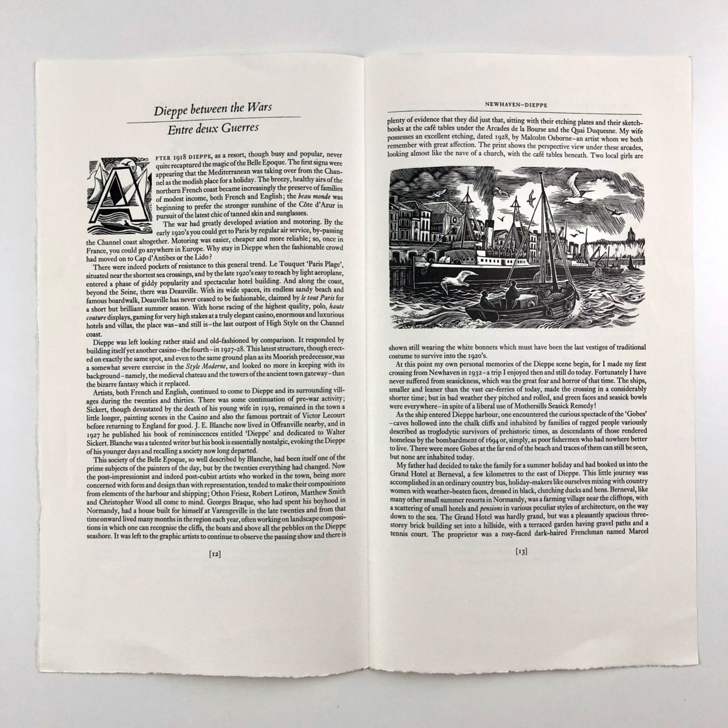 Prospectus for Newhaven Dieppe. Recollections and some History of the Town of Dieppe by Frank Martin with wood engravings by Frank Martin | The Previous Parrot Press c.1986