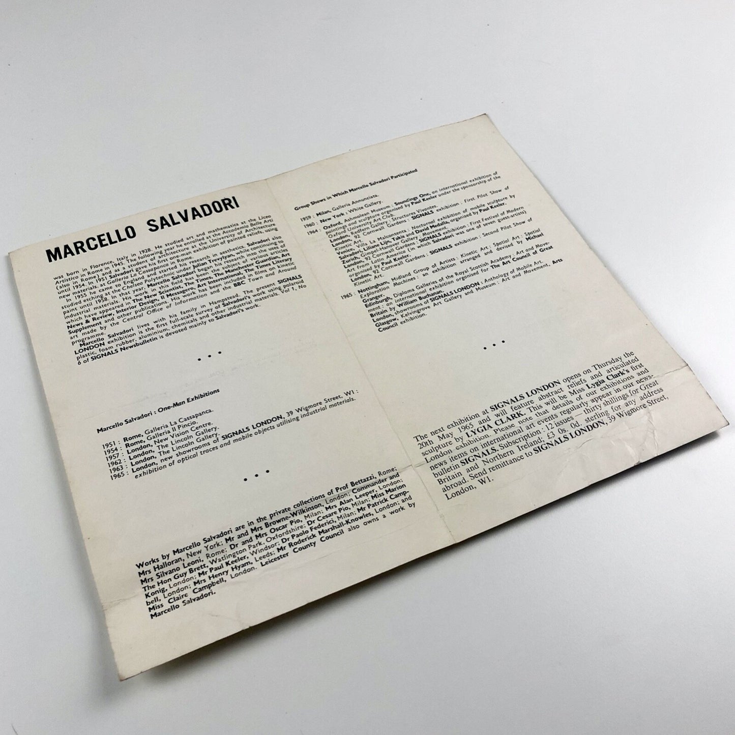 Marcello Salvadori. Optical Traces and Mobile Objects | Signals London, 1965 exhibition card