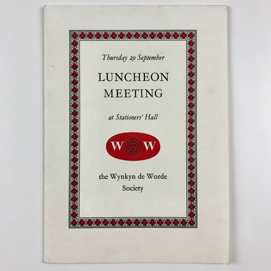 Wynkyn de Worde Society 29 September 1960 lunch/keepsake | guest speaker Beatrice Warde