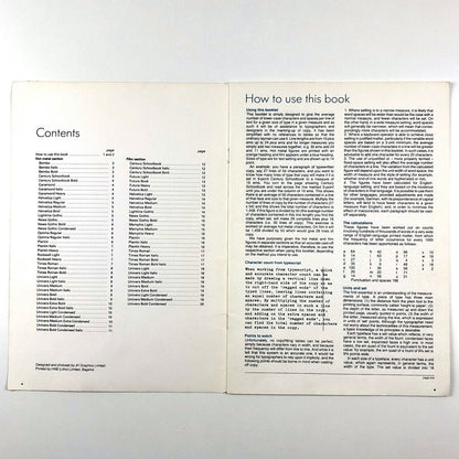 Copyfitting book showing average number of lower case characters contained in given measures | Booklet produced by J.H. Graphics Ltd.