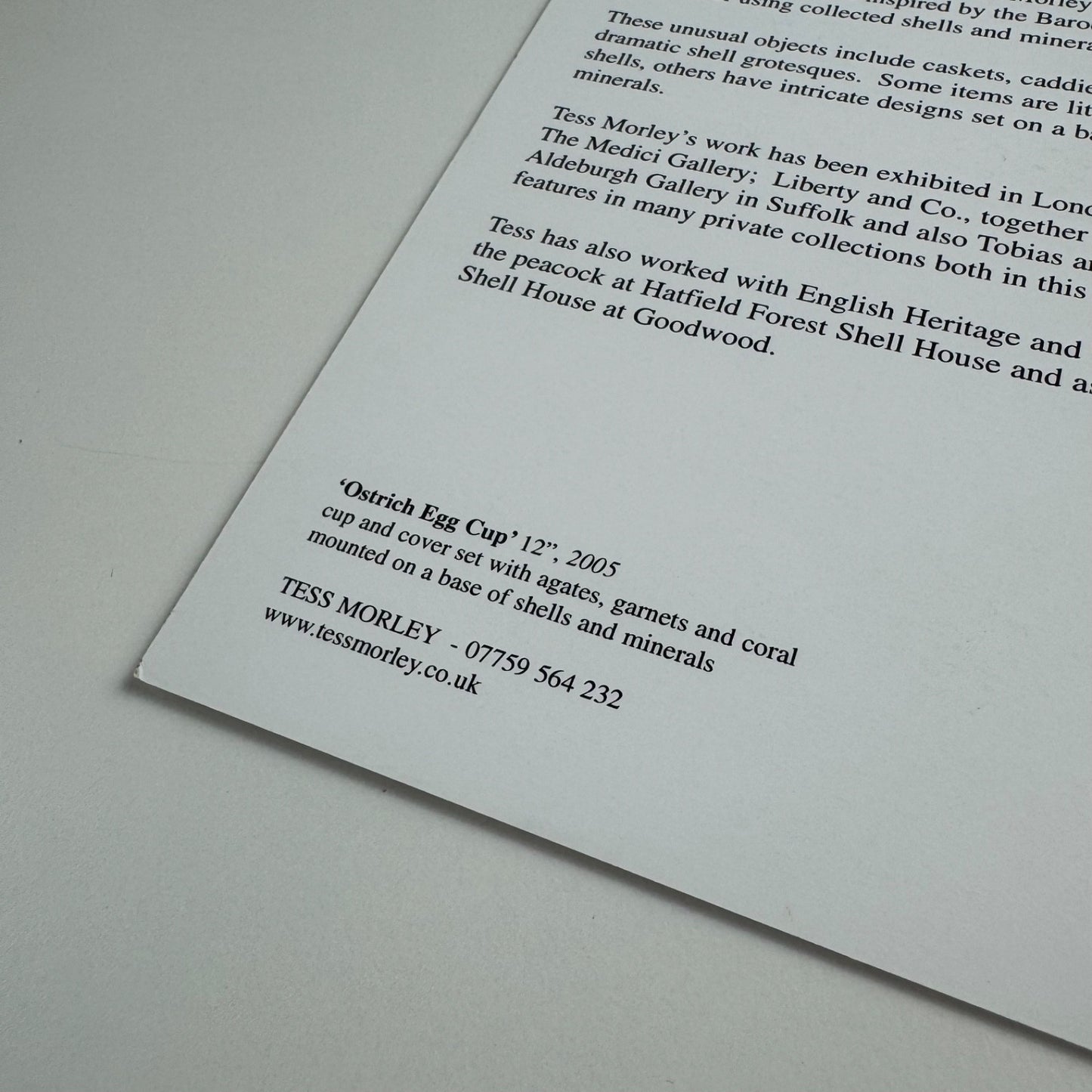 Promotional card for Tess Morley. Shell Work | The Barnsdale Gallery 2005