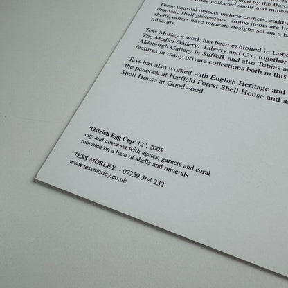 Promotional card for Tess Morley. Shell Work | The Barnsdale Gallery 2005