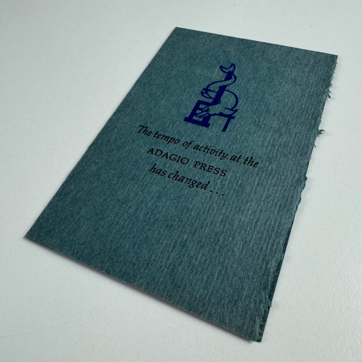 Tiny leaflet/card ‘The tempo of activity at the Adagio Press has changed’, undated, presumably connected with Leonard F. Bahr