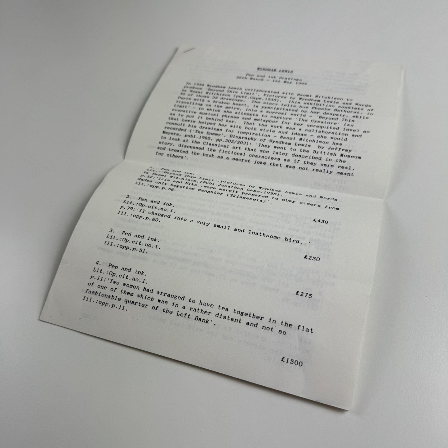 Leaflet detailing Wyndham Lewis. Pen and ink drawings at Abbott & Holder exhibition 1993