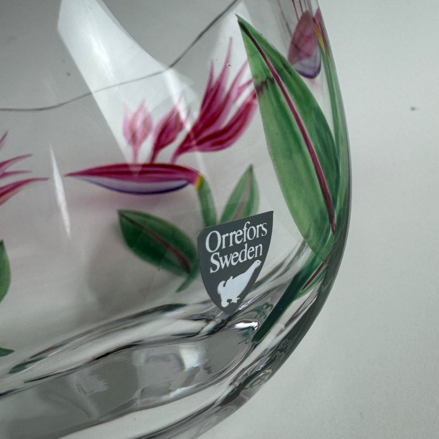 Glass bowl by Orrefors | Swedish, Birds of Paradise flower motif by Eva Englund, believed to be 1980s