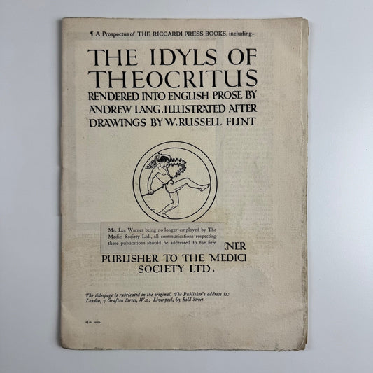 Prospectus for The Idyls of Theocritus Andrew Lang W Russell Flint Riccardi Press, 1919