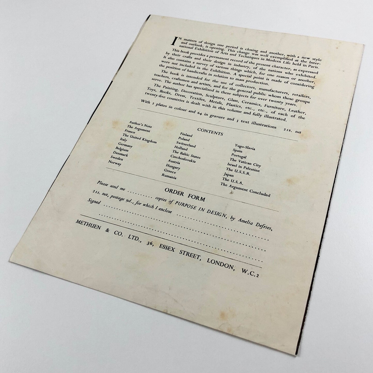 Prospectus for Purpose in Design by Amelia Defries | Methuen c. 1938 leaflet