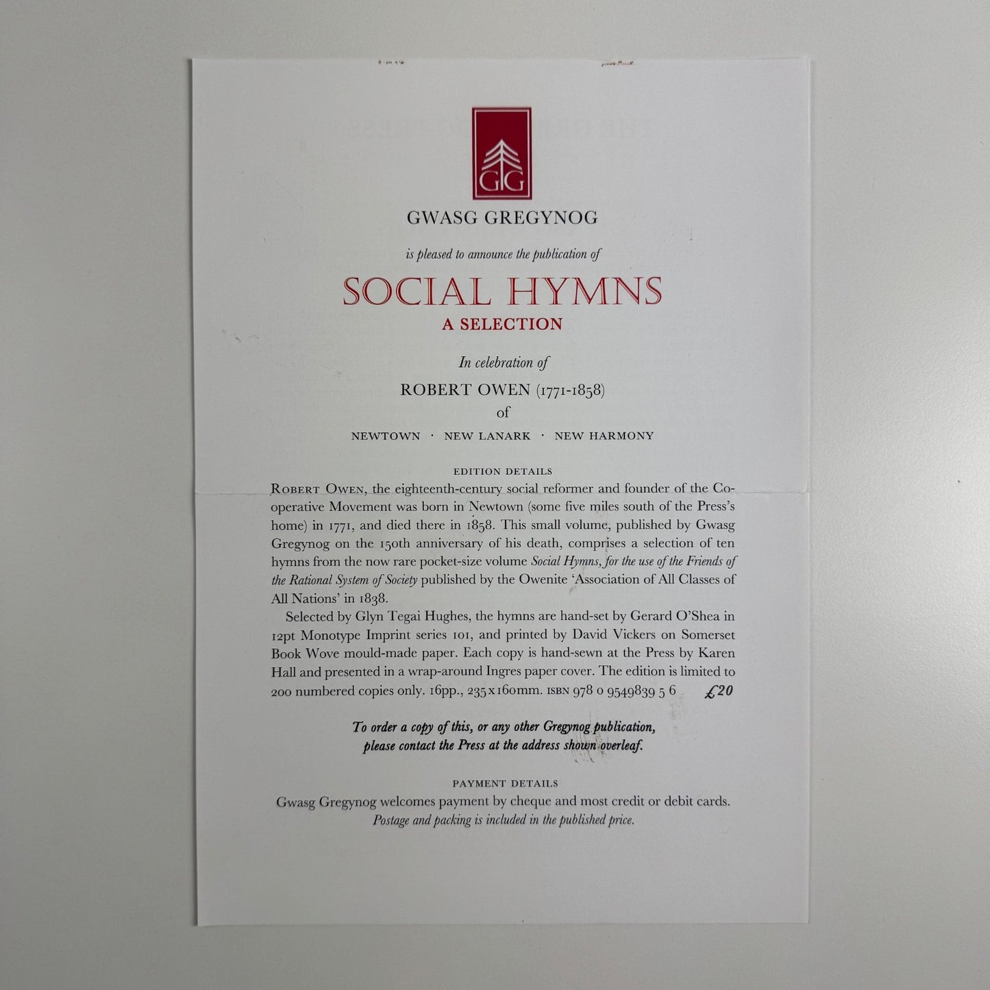 Leaflet for Social Hymns. A Selection in celebration of Robert Owen | Gwasg Gregynog