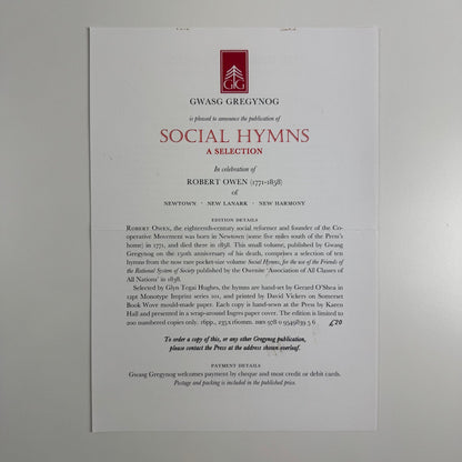 Leaflet for Social Hymns. A Selection in celebration of Robert Owen | Gwasg Gregynog