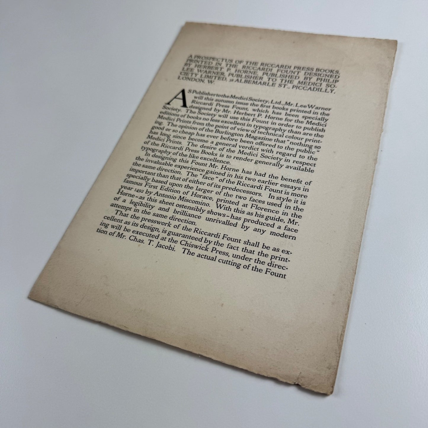 Prospectus of the Riccardi Press Books printed in the Riccardi fount designed by Herbert P. Horne. Philip Lee Warner | Medici Society Ltd, 1909
