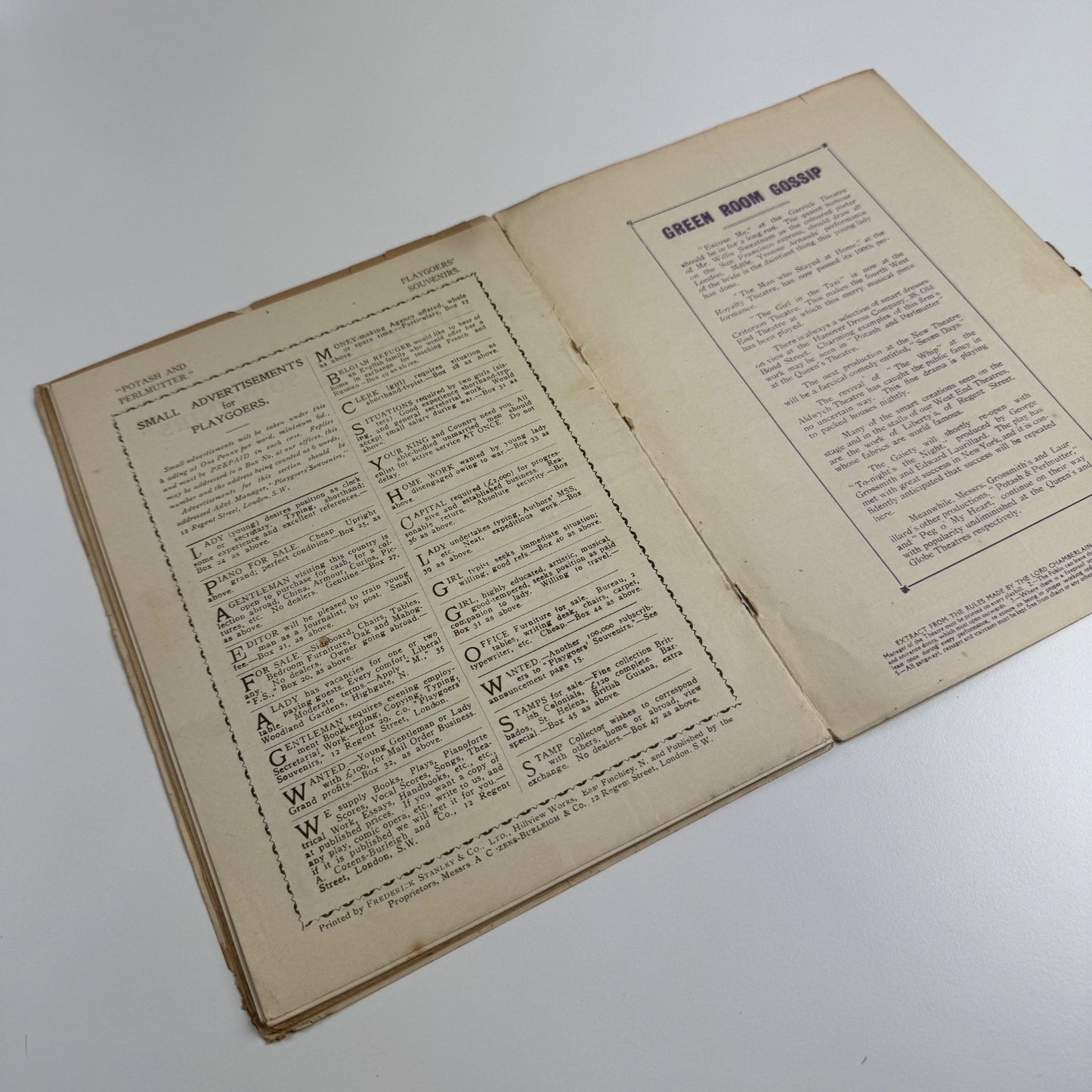 Programme The Queen’s Theatre ‘Potash and Perlmutter' Montague Glass c.1914