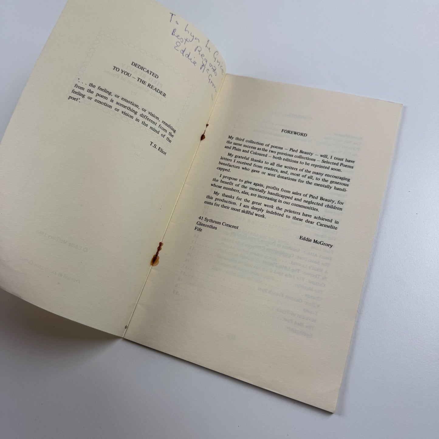 Pied Beauty. A Third Selection of Poems by Eddie McGrory signed 1986 to Lyn Le Grice