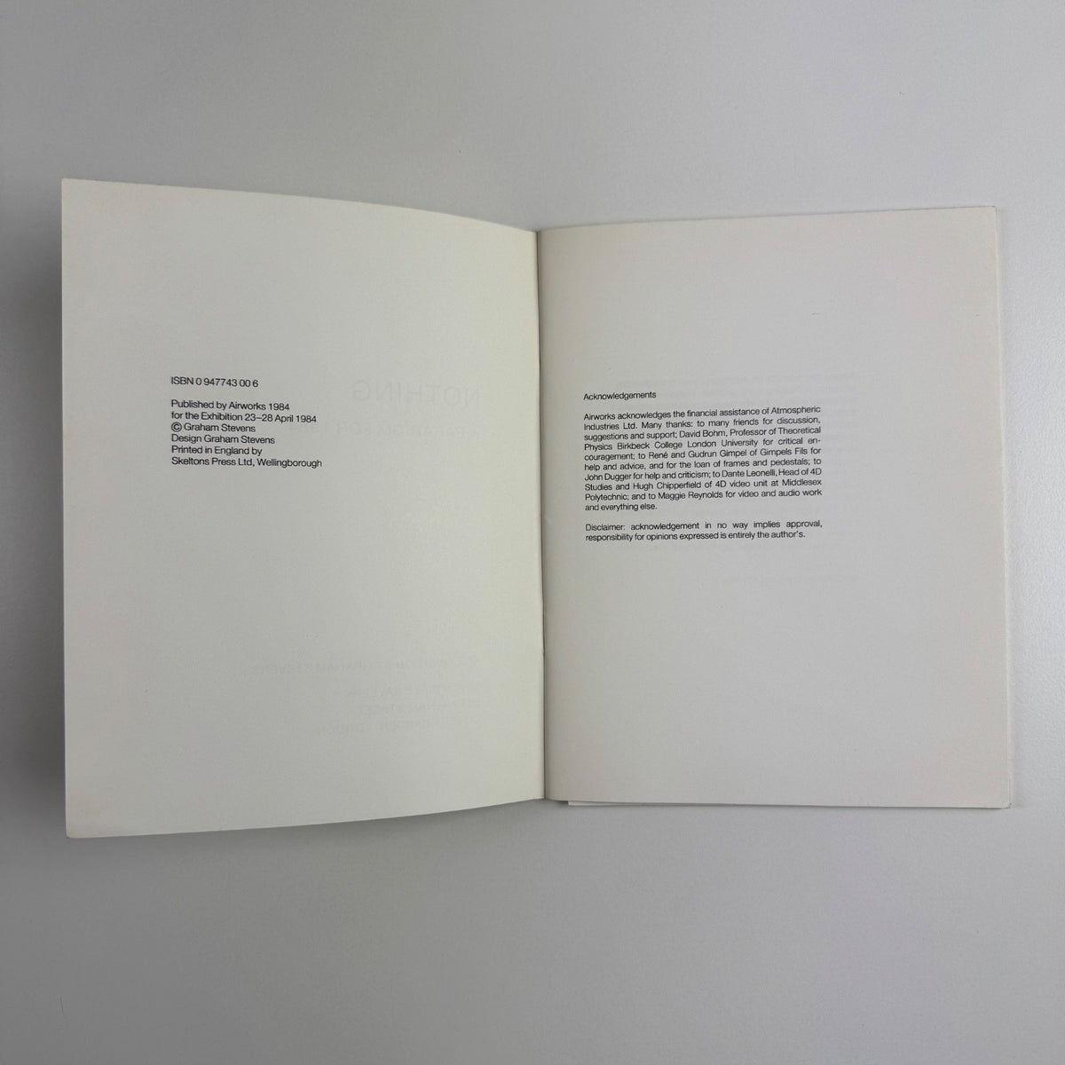Nothing. A paradigm for 1984. An exhibition by Graham Stevens | Seven Dials Gallery 1984