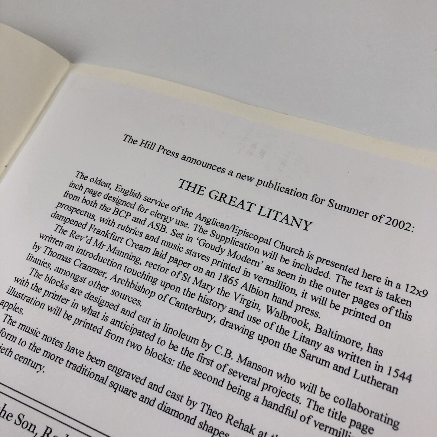 Prospectus – The Great Litany, According to the Book of Common Prayer | The Hill Press Baltimore, 2002