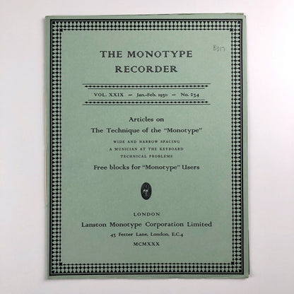 The Monotype Recorder | Vol. 26, No. 234 | Jan-Feb 1930 issue