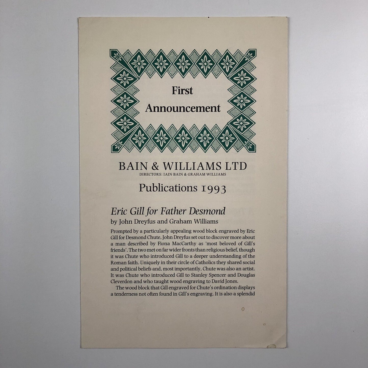 Promotional leaflet – Bain & Williams publications 1993 | Eric Gill, John Dreyfus