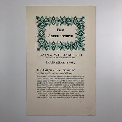 Promotional leaflet – Bain & Williams publications 1993 | Eric Gill, John Dreyfus
