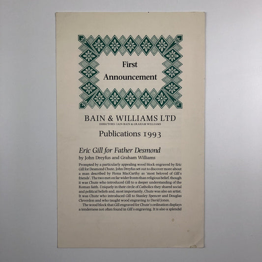 Promotional leaflet – Bain & Williams publications 1993 | Eric Gill, John Dreyfus