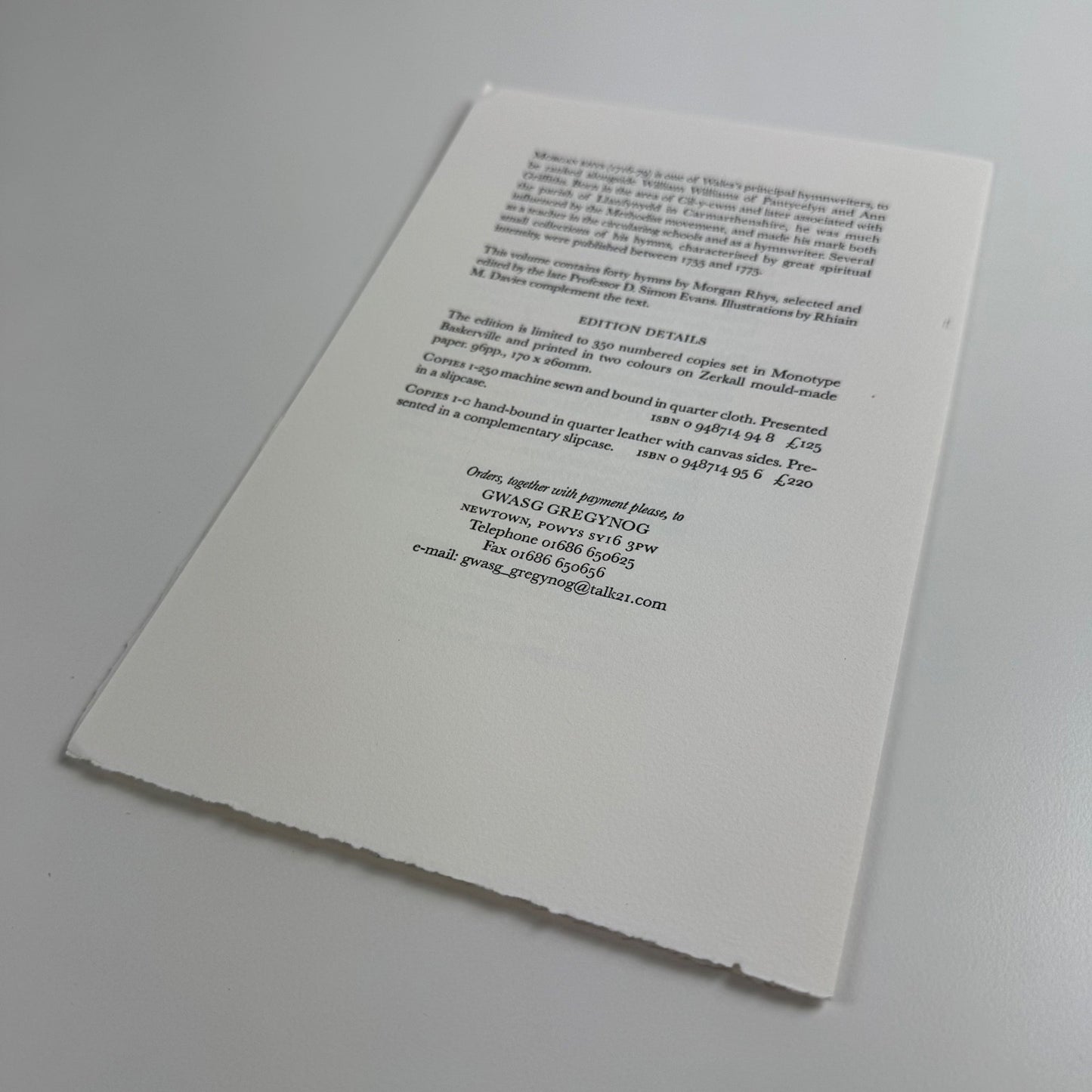 Prospectus Emynau Morgan Rhys ed. D. Simon Evans Rhiain M. Davies Gwasg Gregynog