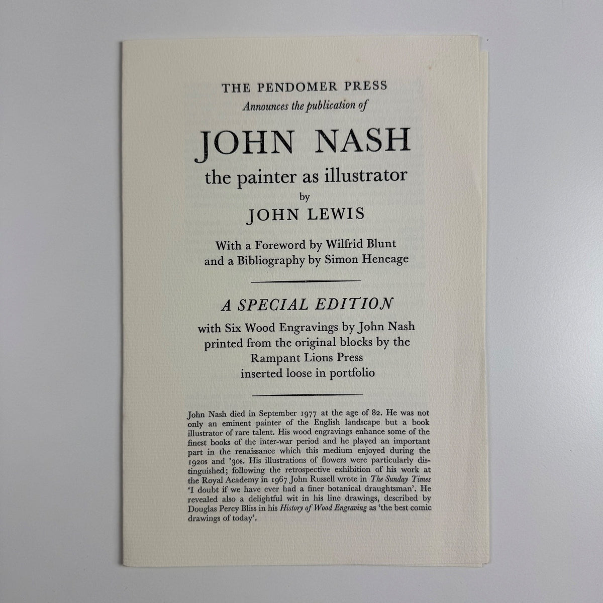 Prospectus: John Nash the painter as illustrator John Lewis | A Special Edition | Pendomer Press, 1978