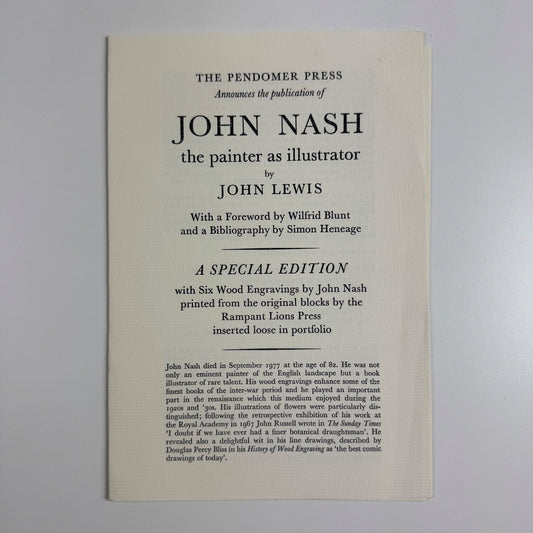 Prospectus: John Nash the painter as illustrator John Lewis | A Special Edition | Pendomer Press, 1978