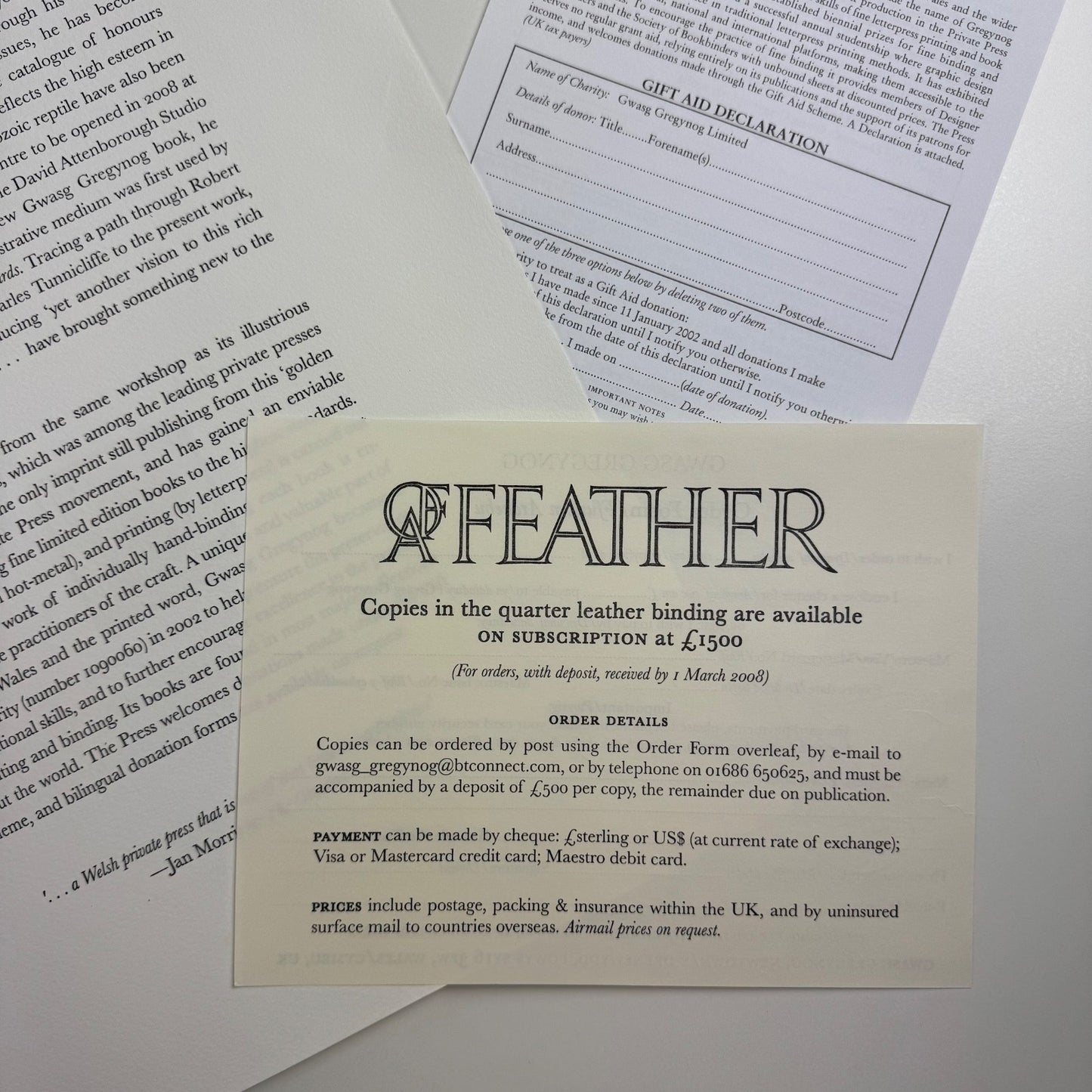Leaflet for 'Of a Feather' by Colin See-Paynton | Gwasg Gregynog, 2008