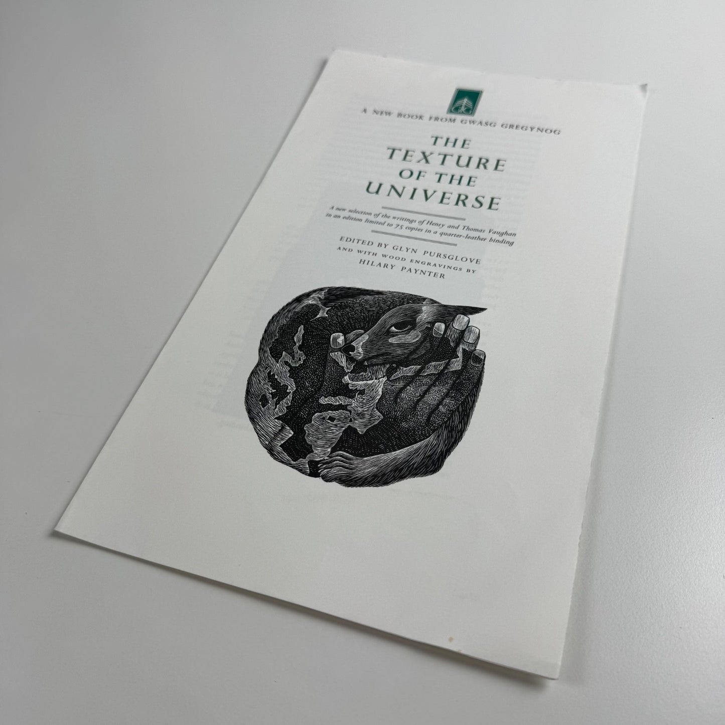 Prospectus for The Texture of the Universe edited by Glyn Pursglove wood engravings by Hilary Paynter Gregynog