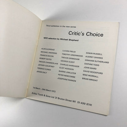 Critic's Choice exhibition catalogue | Michael Shepherd | Arthur Tooth, 1972